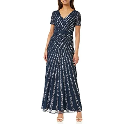 Abbildung von Maya Deluxe Damen Pailletten Maxi Abendkleid Elegant für Hochzeit V Ausschnitt A Linien Schnitt Brautjungfernkleid Bridesmaid Dress, Navy, 34