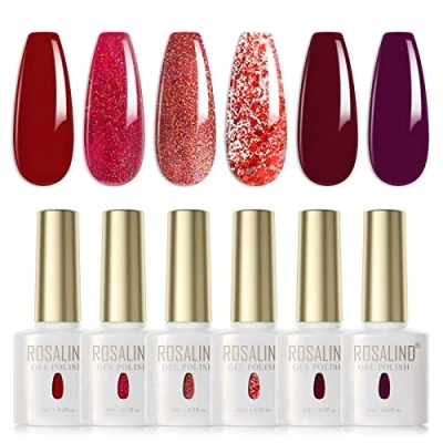 Abbildung von ROSALIND UV Nagellack 6 Farben Rot Weinrot Dunkellila Glitzer Gel Set Farbgel Für Gelnägel Soak Off LED Nail Polish Lampe Valentinstag