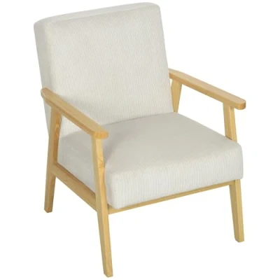 Abbildung von HOMCOM Sessel Loungesessel mit Armlehne, Holzbeine, Gepolstert Akzentsessel Kord Optik, Relaxsessel für Wohnzimmer, Schlafzimmer, Cremeweiß