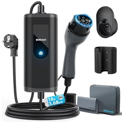 Abbildung von bokman Typ 2 Schuko EV Ladegerät, 5 Meter 16A 3,68kW IP65 Wasserdicht, Tragbares Ladegerät für IEC 62196 mit Tragetasche &amp; Mikrofaserhandtuch