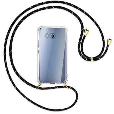 Abbildung von mtb more energy® Handykette kompatibel mit HTC U11 (5.5&#039;&#039;) Schwarz+Gold gestreift/Gold Smartphone Hülle zum Umhängen Anti Shock Full TPU Case