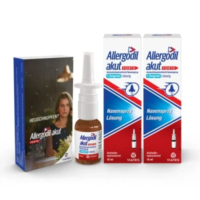 Abbildung von Allergodil Akut Forte Nasenspray Doppelpack: Azelastin Spray gegen Heuschnupfen &amp; nicht saisonale allergische Rhinitis, 1,5 mg / 1 ml Lösung, 2 x 10 + Taschentuch Packung
