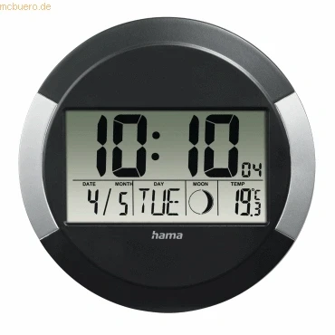 Abbildung von Hama Wanduhr Digital mit Funk (Funkuhr ohne tickgeräusche, Digitaluhr LCD Display, Thermometer, Kalender, Mondphase, inkl. Batterie zum aufhängen oder hinstellen) schwarz silber