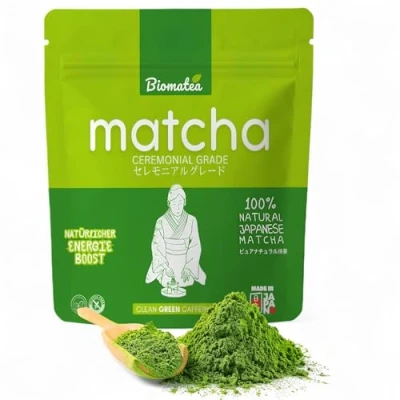 Abbildung von Biomatea 50g Matcha Ceremonial Grade aus Japan 100 % natürlich, pestizidfrei &amp; getestet Steinvermahlen Japanisches Premium Moegi Tee Pulver