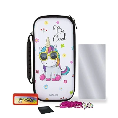 Abbildung von Konix Unik Gaming Zubehör Starter Kit für Nintendo Switch, Switch Lite und OLED Hülle Spielekoffer Gehärtetes Glas Kopfhörer.