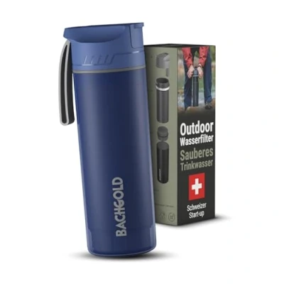 Abbildung von Bachgold® Profi Outdoor Wasserfilter Flasche [650ml] mit 1500L Filterkapazität I entfernt 99,99% aller Bakterien und filtert Viren, Partikel Schwermetalle Blau