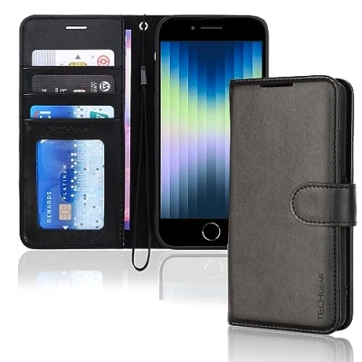 Abbildung von TECHGEAR hülle iPhone SE 2022 5G / 2020 Leder klappbar, PU Flip Schutzhülle Ledertasche [Brieftasche] Handyhülle mit Ständer und Handschlaufe Schwarz Kompatible 8/7/6