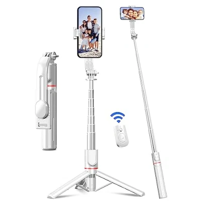 Abbildung von Selfie Stick mit Verbessertem Stativ [2023 Ganz Neues Entwurf] Stange aus Aluminium Handy Abnehmbarer Fernbedienung um 360 Drehbar für iPhone Samsung, Action Kamera GoPro (Weiß)