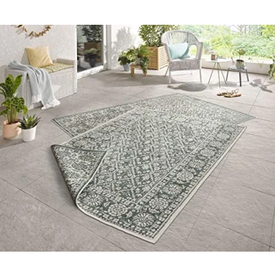 Abbildung von NORTHRUGS Outdoor Teppich Curacao Wendeteppich Wetterfest Modernes Grafisches Muster Läufer für Balkon Terrasse Garten Wintergarten Wohnzimmerteppich Wasserfest, Polypropylen, Schwarz Creme, 160x230cm