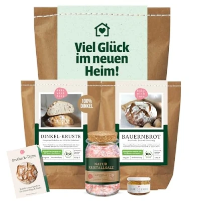 Abbildung von Bake with Love Brot und Salz Geschenk zum Einzug Einzugsgeschenke Wohnung mit 2 Bio Brotbackmischungen Einweihungsgeschenk Haus Richtfest Geschenk, zur Hochzeit