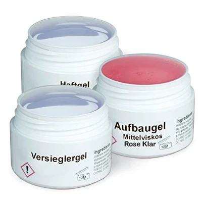 Abbildung von GS Nails UV Gel Set 3x 15ml Nagel für Nail Art &amp; Design Haft Gel, mittelviskoses Aufbau Rose Klar, Versiegelungs 45ml