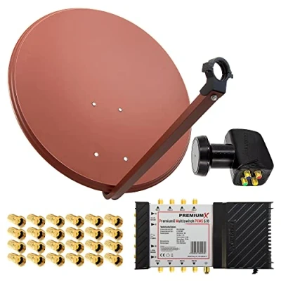 Abbildung von Premium X Satelliten Komplettanlage 80cm Satellitenschüssel Ziegelrot Multischalter 5/8 Quattro LNB 24x F Stecker, 1 SAT für 8 Teilnehmer