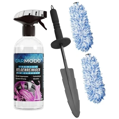 Abbildung von CARMODO® Mikrofaser Felgenbürste extra dünn Mit wechselbaren Bürstenbezug Reinigung bis tief ins Felgenbett inkl. Premium Felgenreiniger für eine schonende Felgen Säurefrei