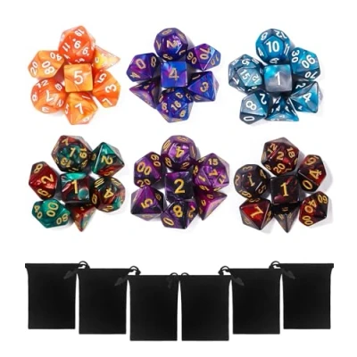 Abbildung von TIDEVAN Polyedrische Würfel,7 x 6(42 Stück) Würfel Set RPG Tischspiele mit 6 Schwarze Kordelzugbeutel,für DND MPG MTG Dungeons und Dragons W20 W12 W10 W8 W6 W4
