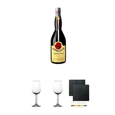 Abbildung von Gammel Dansk Bitter Dram aus Dänemark 1,0 Liter + 2 Bugatti Nosing Gläser mit Eichstrich 2cl und 4 cl Schiefer Glasuntersetzer eckig ca. 9,5 cm Ø