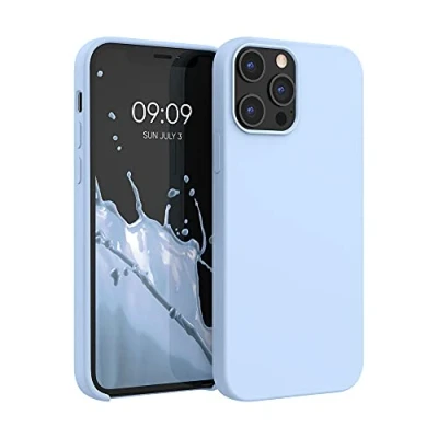Abbildung von kwmobile Hülle kompatibel mit Apple iPhone 12 Pro Max Silikon Handy Case Handyhülle weiche Oberfläche kabelloses Laden Hellblau matt
