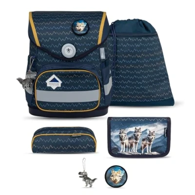 Abbildung von Belmil Compact mit Patches Schulranzen Set 5 teilig Brustgurt (405 41/AG/B/S) (Wolves)