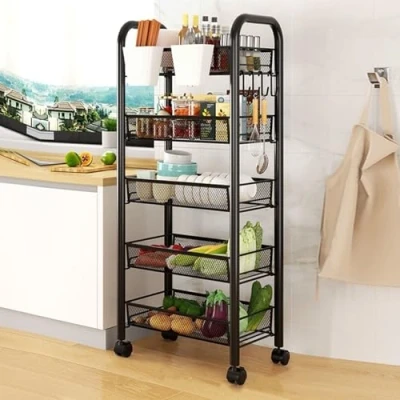Abbildung von HshDUti Snackwagen mit Rollen, 5 stöckiger Obstkorb für Obst und Gemüse, Obstkorb, Küche, Speisekammer, Organizer Aufbewahrung, Metalldraht, Aufbewahrungswagen, Rollkammer, Mehrzweck Küchenwagen,