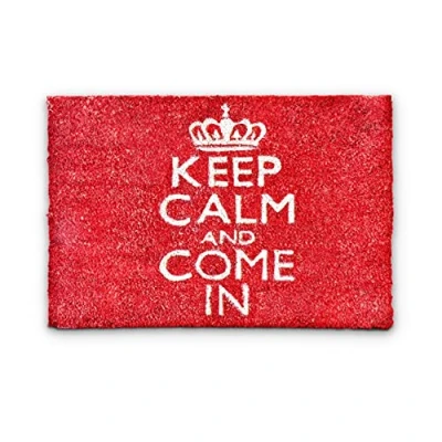 Abbildung von Relaxdays Fußmatte Kokos Spruch KEEP CALM 40 x 60cm Kokosmatte mit rutschfester PVC Unterlage Fußabtreter aus Kokosfaser als Schmutzfangmatte und Sauberlaufmatte Fußabstreifer für Außen Innen, rot