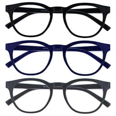 Abbildung von OPULIZE Blu Lesebrille Blaulichtfilter 3er Pack Cool Rund Rahmen Federscharniere Verbessern Den Schlaf Computer Gaming Entspiegelt Schwarz Blau Grau Herren Damen BBB5 137 +2.00