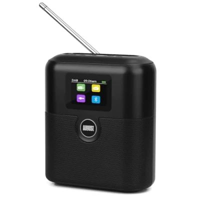 Abbildung von Wiederaufladbares DAB+/FM Radio mit Bluetooth Lautsprecher August MB330 tragbarer Radiowecker Doppelalarm Sleeptimer Snooze LCD Farbdisplay EQ RDS 60 Presets Digitalradio Batterie AUX In/Out
