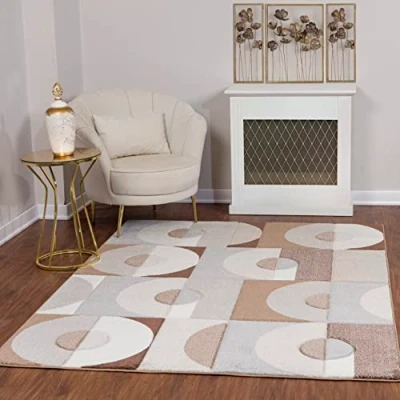 Abbildung von Surya Albi Teppich Wohnzimmer Boho, großer Schlafzimmer 160x213 cm für Esszimmer mit geometrischem Muster, Skandinavischer Wohnzimmerteppich modern in Braun, Beige und Weiß