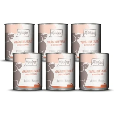 Abbildung von MjAMjAM Premium Nassfutter für Hunde vorzüglicher Strauß an fruchtigem Apfel, 6er Pack (6 x 800g), getreidefrei mit extra viel Fleisch