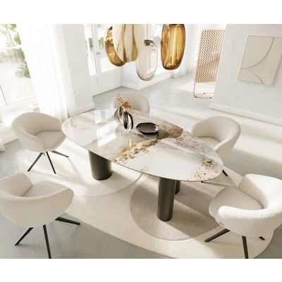 Abbildung von Esstisch Edge Oval 220x120 Keramik Minas Melange Weiß Beige Pilier Metall Effektfinish Titan