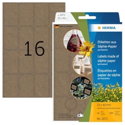Abbildung von HERMA 2073 Vielzweck Etiketten aus Graspapier, 24 Blatt, 25 x 40 mm, 16 Stück pro Bogen, 384 Aufkleber, selbstklebend, Haushaltsetiketten zum Beschriften, Silphie Papier Klebeetiketten, natur braun