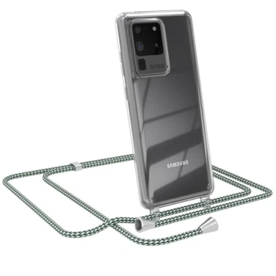 Abbildung von EAZY CASE Kette Schutzhülle kompatibel mit Samsung Galaxy S20 Ultra / 5G, Stoßfest Fallschutz, Handy Straps, Silikonhülle, Handykette abnehmbar, Hell Grün Camouflage Clips Silber