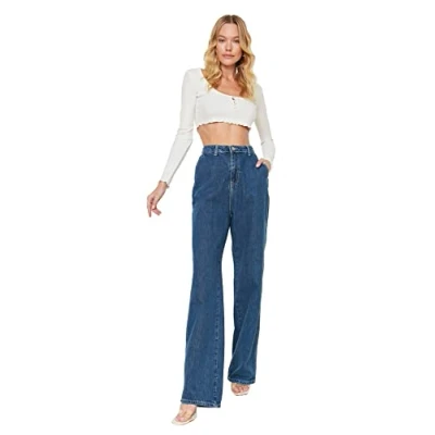 Abbildung von Trendyol Women&#039;s Herren Hoher Bund Weites Bein der 90er Jeans, Navy Blue, 38