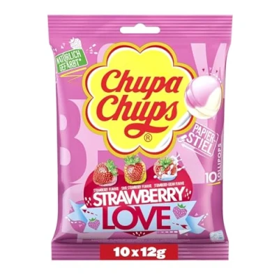 Abbildung von Chupa Chups Strawberry Lover Lutscher Beutel, Nachfüll Beutel enthält 10 fruchtige &amp; cremige Erdbeer Lollis in 3 Geschmacksrichtungen, für Halloween, x 12g