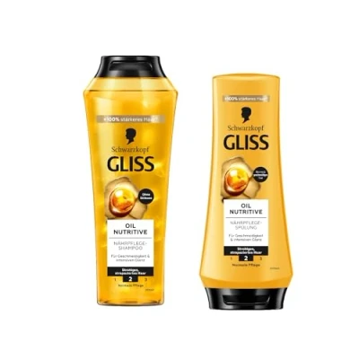 Abbildung von Gliss Shampoo Oil Nutritive (250 ml) Haarshampoo mit Omega 9 &amp; Marula Öl, Pflegeshampoo für Geschmeidigkeit und Glanz Spülung (200 Haarspülung Pflegespülung