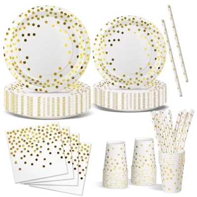 Abbildung von Nkaiso Partygeschirr 120 Stück Weißgold Kindergeburtstag Mädchen Party Deko Zubehör Set ​Papier Geschirrset einschließlich Pappteller Servietten für Hochzeiten Jubiläums 24 Gäste