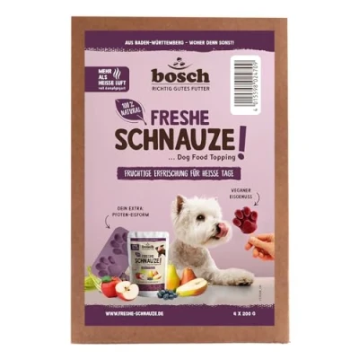 Abbildung von Bosch Freshe Schnauze Aktionspaket Frucht 4 x 200 g + GRATIS Eisform für Hundeeis Topping Hundefutter Trockenfutter und Nassfutter geeignet mit frischen Äpfeln, Birnen &amp; Blaubeeren