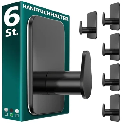 Abbildung von Menz Handtuchhalter ohne Bohren in Schwarz, 6 Stück Robuste Badezimmer Handtuchhalter, ovale Klebehaken, Haken fürs Bad, selbstklebend, ideal als funktionale Handtuchhaken