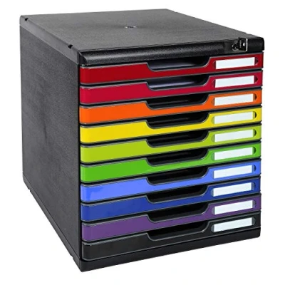 Abbildung von Exacompta 332798D Ablagebox Modulo mit 10 abschließbare Schubladen für DIN A4+ Dokumente. Belastbare Schubladenbox hoher Kapazität mehr Platz auf dem Schreibtisch Blauer Engel schwarz/bunt