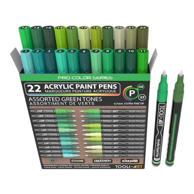 Abbildung von 22 acrylstifte Für steine wasserfest, Grüne Farben, Pro Color Serie, 0,7 mm, Extra Feine Spitze Steinmalerei, Holz, Stoff, Glas, Tassen, Metall, Leinwand, Kunststoff, Ungiftig acryl marker