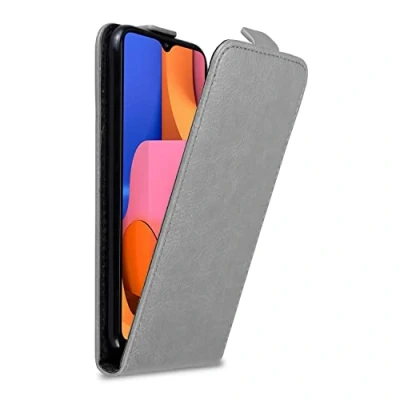 Abbildung von Cadorabo Hülle kompatibel mit Samsung Galaxy A20s Flip Design aus Premium Kunst Leder Klappbare Stoßfeste Magnetische Cover für Tasche in Grau
