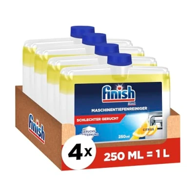 Abbildung von Finish Maschinentiefenreiniger Citrus Flüssiger Maschinenreiniger gegen Kalk und Fett für eine saubere Spülmaschine Sparpack mit 4 x 250 ml Maschinenpfleger Zitronenduft