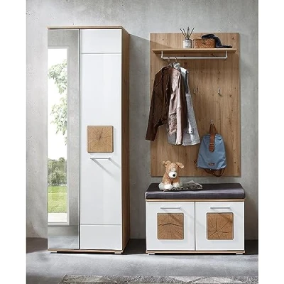 Abbildung von Lomadox Garderoben Set 3 teilig in braun mit weiß Flurgarderobe Eiche Hochglanz Garderobenschrank, Garderobenpaneel, Flurbank