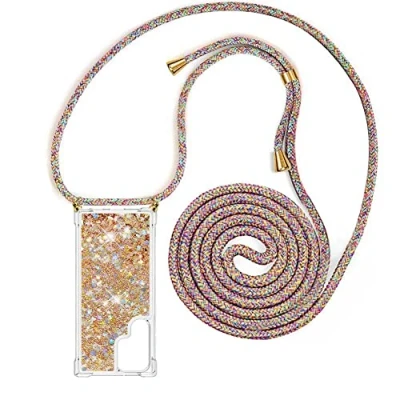 Abbildung von YuhooTech Handykette Hülle Kompatibel mit Samsung Galaxy S22 Ultra Handyhülle Quicksand Glitzer Band Silikon Kordel Umhängenband Schnur Treibsand Case zum Umhängen