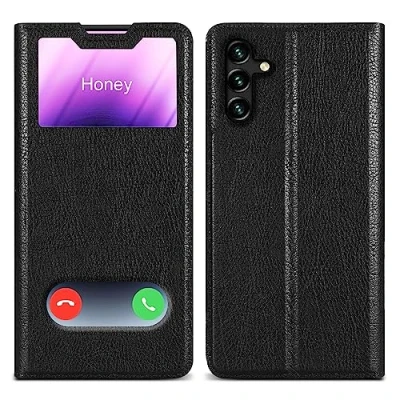 Abbildung von Cadorabo Hülle kompatibel mit Samsung Galaxy A13 5G in KOMETEN SCHWARZ Schutzhülle Magnetverschluss, Standfunktion und 2 Sichtfenstern