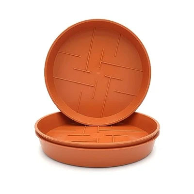 Abbildung von 3er Set Blumentopf Untersetzer Rund aus Plastik 30 cm Durchmesser, Untertopf für Innen und Außenbereiche, witterungsbeständigen Material, Farbe Terrakotta