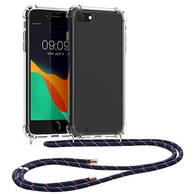 Abbildung von kwmobile Necklace Case kompatibel mit Apple iPhone SE (2022) / (2020) 8 7 Hülle Silikon Cover Handykette Band Handyhülle Dunkelblau Transparent Rot