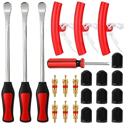 Abbildung von Royouzi Reifenheber Reifen Montiereisen 23 Anzüge, 3pcs Montierhebel Werkzeug Rad Felge Protektoren Tool Kit 10 Reifenventilkappen und Kappen Werkzeugsatz für Motorrad Fahrrad