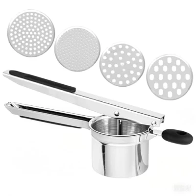 Abbildung von Kartoffelpresse Edelstahl Robuste mit 4 Einsätzen, Ergonomischer Griff, Leicht zu Reinigen, Perfekt für Kartoffelpüree und Babynahrung