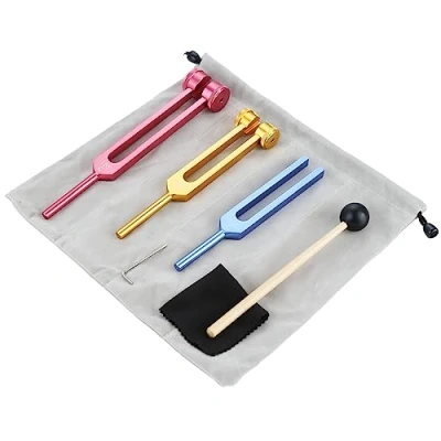 Abbildung von DRELD Solfeggio Stimmgabeln Set 128Hz 256Hz 512Hz Chakra Stimmgabel aus Aluminium mit Reinigungstuch Tasche Schraubenschlüssel Silikonhammer für Heilung Klangtherapie (bunt, 3 Stück)