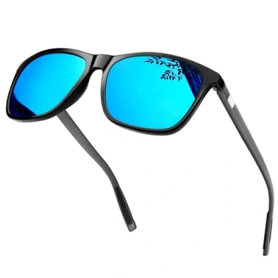 Abbildung von KANASTAL Sonnenbrille Herren und Damen Retro Polarisiert UV400 Schutz für Reise Wandern Angeln Alltag, Glänzend Schwarz Rahmen Verspiegelt Blau Gläser Grau Bügel
