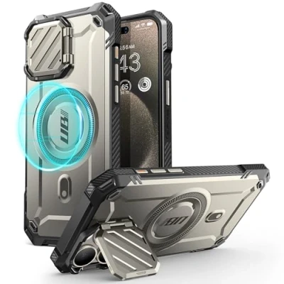 Abbildung von SUPCASE iPhone 15 Pro Max Hülle mit Ständer [kompatibel MagSafe] [Integrierte Kameraschutz] [Militärqualität Schutz] Robuste magnetische für Max, Grau